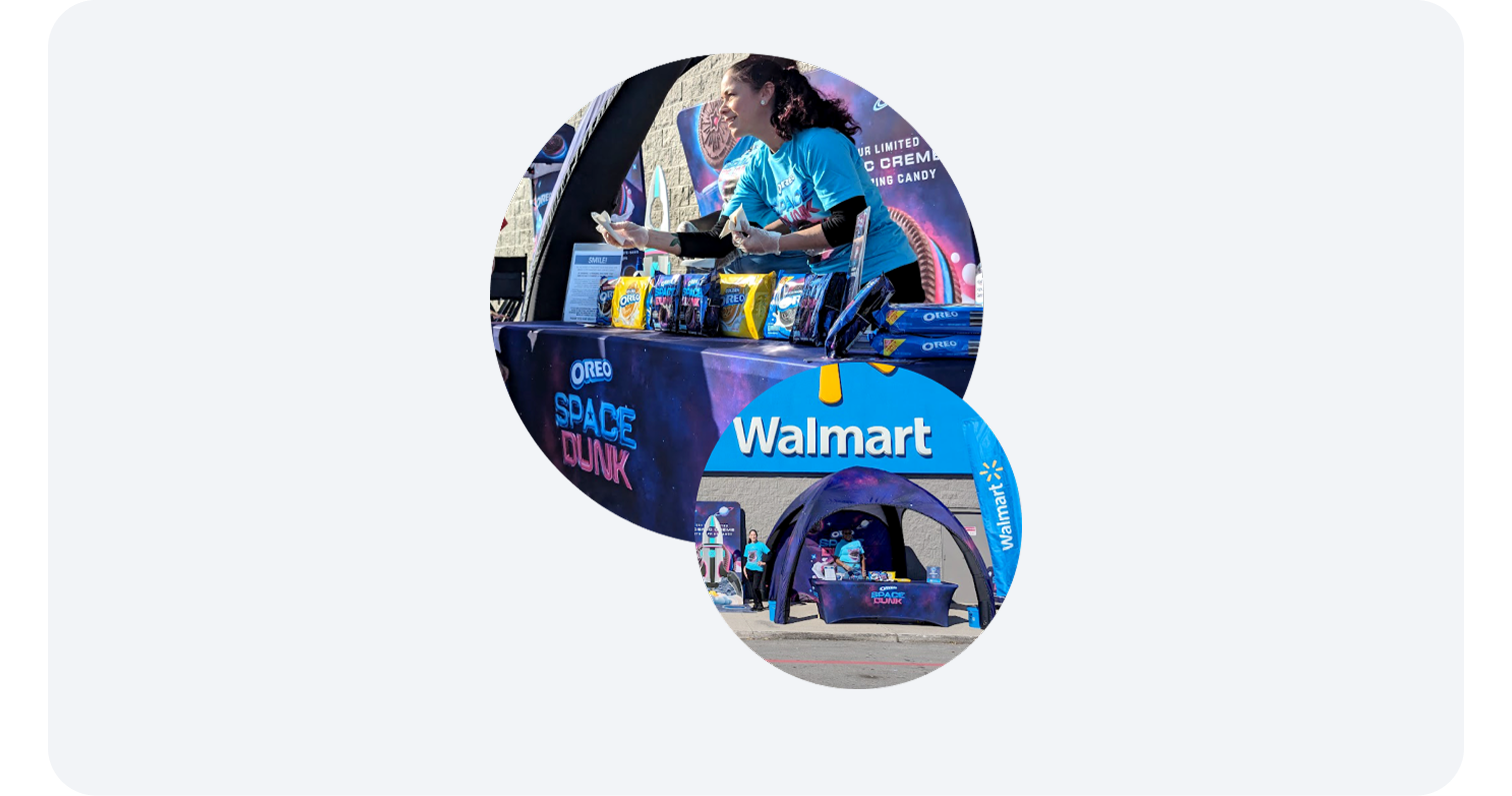 Oreo Space Dunk sampling event with staff and product display outside a Walmart store.